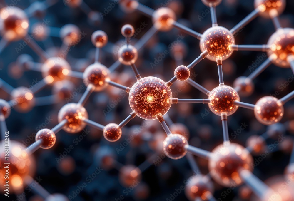 Poster intricate representation of atomic structure with glowing particles