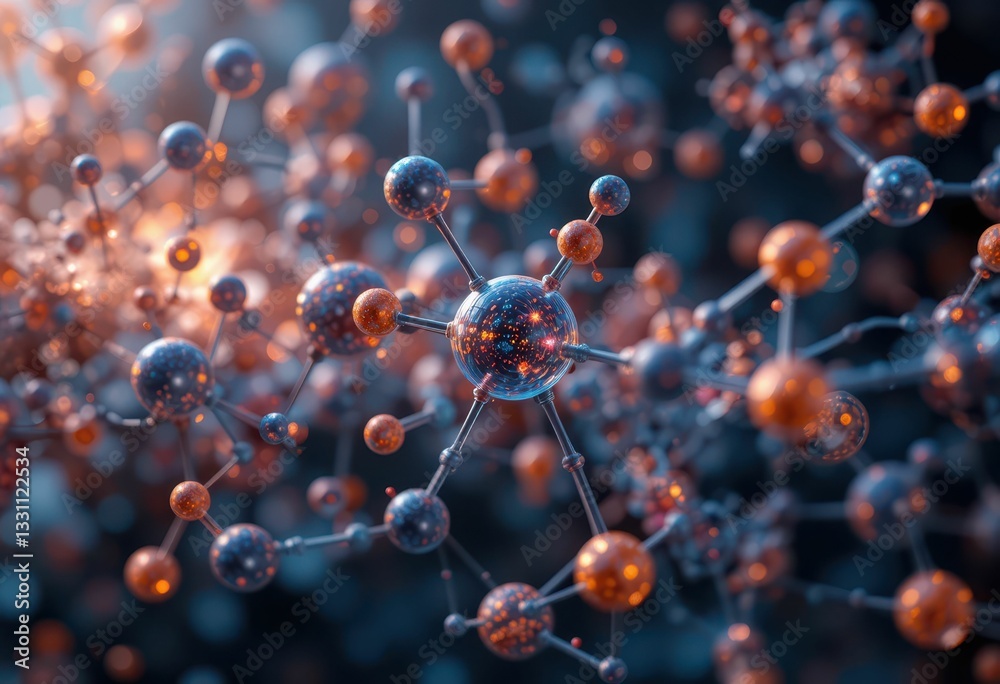 Poster abstract molecular structure with glowing particles and depth effect