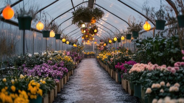 A greenhouse interior illuminated by lanterns showcasing various vibrant flowers