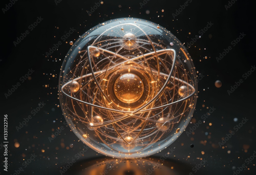 Poster abstract atomic structure with glowing elements and particles