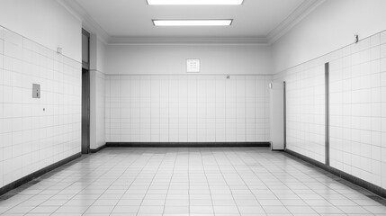 Monochrome Corridor: A stark, minimalistic hallway with tiled walls and a tiled floor, exuding a sense of symmetry and architectural precision, captured in grayscale.