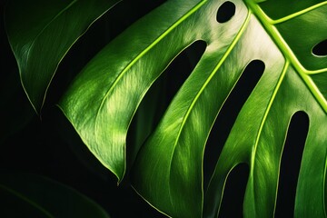 A close-up of a single Monstera leaf with deep cuts and holes.