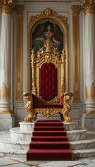 Fototapeta premium Ornate Golden Throne with Red Upholstery in Grand Hall Setting