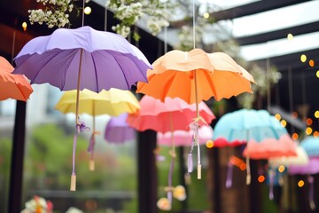 Colorful umbrellas decorate the ceiling, creating a whimsical and festive atmosphere for Easter celebrations.