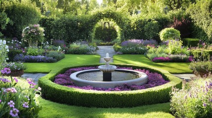 A beautiful landscaped garden featuring a fountain and floral arrangements