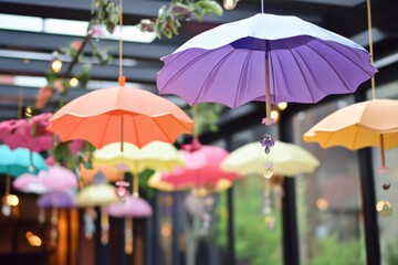 Colorful umbrellas decorate a room, creating a cheerful and festive atmosphere for Easter celebrations.