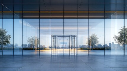 Fototapeta premium Glass facade minimalist with windows serving as points vanishing, emphasizing flow linear and depth.