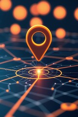 Glowing location pin on a digital network, symbolizing GPS navigation, geolocation, and smart city connectivity, representing modern technology, mapping, and data-driven location services

