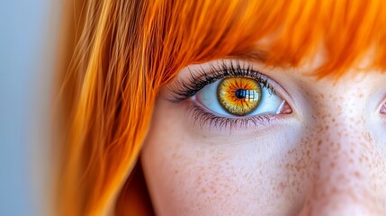 Close-up of a woman's hazel eye with freckles and vibrant orange hair.