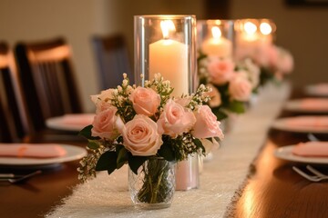 Obraz premium Candles glow beside pink flowers and white plates, creating an inviting Easter table setting.