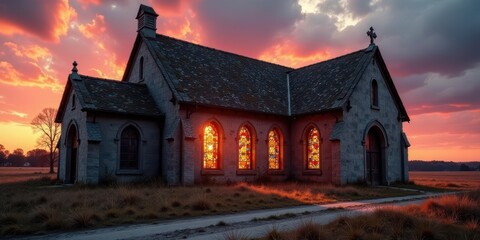 Stone Chapel at Sunset Glowing Stained Glass Windows Illuminate the Rural Landscape