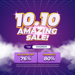 10.10 Amazing Shopping day Sale discount deals Dynamic purple gradient Editable text effect Yellow white with Cloudy Grid Cashback and Extra Sale Promotional square banner poster flyer 
