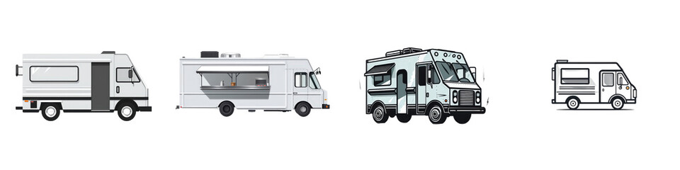 Mobile conversions RV, food truck, ambulance, and cargo van illustrations against white background isolated on white or transparent