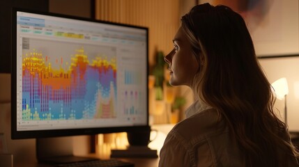 Focused professional woman examining complex financial data charts and graphs on a computer screen in an office setting data analysis and business intelligence concept