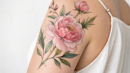 Elegant Peony Watercolor Tattoo Art on Skin Mockup with Parchment Background for Body Art
