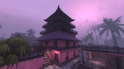 Pink pagoda at dawn, misty tropical setting.