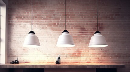 Obraz premium White Brick Wall with Wooden Floor and Black Pendant Lamps, Elegant Interior Design for Modern Spaces