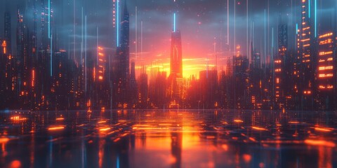 Fototapeta premium Digital cityscape at dusk with glowing lights and reflections