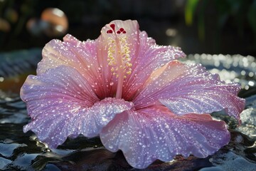 Dew-covered roses in a lush garden with sunlight glistening off the petals. 