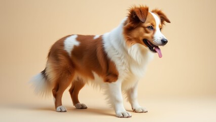 Red merle toy Aussie with a white and brown coat, standing on a beige background, tongue out.