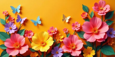 Vibrant Paper Flower Arrangement with Delicate Butterflies on a Sunny Yellow Background