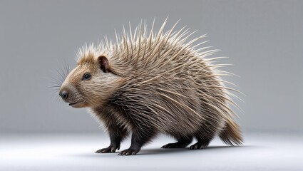 Obraz premium North american porcupine standing on gray background showing spines