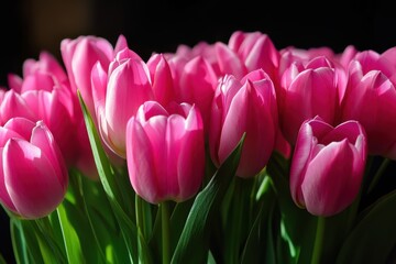 Fototapeta premium A vibrant collection of pink tulips elegantly arranged in a vase on a table.