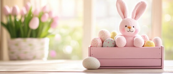 A pink bunny rests in a pink box surrounded by colorful Easter eggs.
