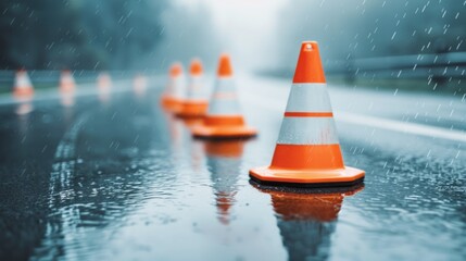 A row of bright traffic cones guiding vehicles on a wet road during light rain symbolizes careful driving and safety measures. Clean details with no excessive blur.