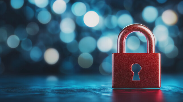 Red Padlock on Security: A striking, red padlock symbolizes security and data protection, its presence conveying a sense of safety and privacy. It sits against a backdrop of blurred lights.