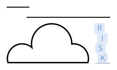 Cloud outline with stacked blocks spelling RISK highlights security, challenges, and awareness. Ideal for technology, cybersecurity, data storage, analysis, digital transformation, strategy abstract