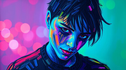 Naklejka premium Vibrant neon cyberpunk portrait of young person with bold colors and futuristic lighting