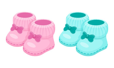 Pink and blue baby booties with bows. Cute, gender neutral illustration. Perfect for baby shower designs, announcements, or nursery decor.