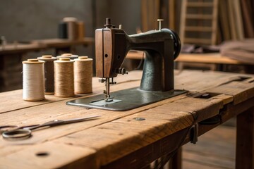 Fototapeta premium Sewing Machine With Eco Friendly Thread Spools on Rustic Wooden Table in a Workshop Setting Generative AI