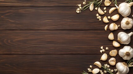 Garlic Cloves and Herbs on Dark Wood Background: A Culinary Still Life AI Generated