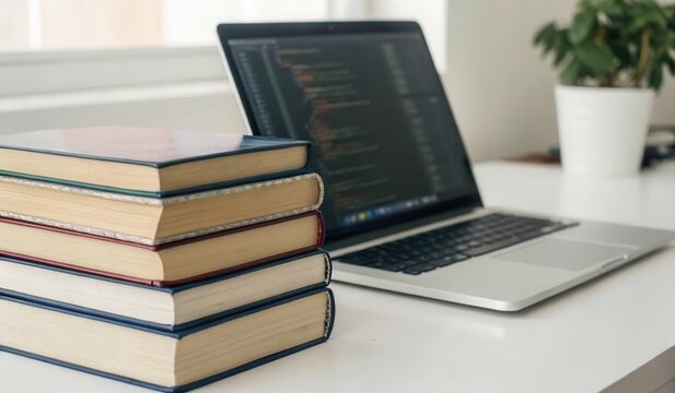 Stack of Books on AI Ethics and Programming Beside a Laptop on a White Desk Generative AI