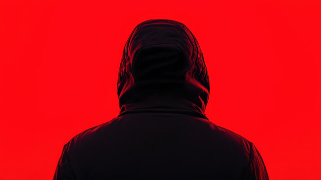 Thief Escaping After Burglary in Action, person in hooded jacket stands against vibrant red background