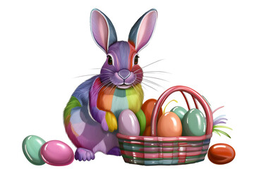 A cute little bunny happily surrounded by vibrant, colorful Easter eggs in a cheerful festive setting
