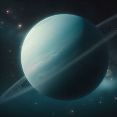 Fototapeta premium Uranus – The Upside Down World A unique view of Uranus, a pale blue-green ice giant that spins on its side. Its faint rings shimmer in the cosmic light, and distant stars add to the eerie beauty of th