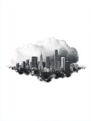 Fototapeta premium Urban Dreamscape: A stylized black and white illustration depicts a modern skyline floating amidst a cloud, a surreal and imaginative take on cityscapes, showcasing architectural marvels.