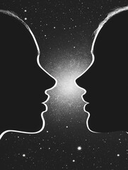 Obraz premium Eternal Connection: Silhouetted faces face each other, their outlines merging with the starry cosmos, the cosmic embrace conveys deep connection and the mystery of the universe.