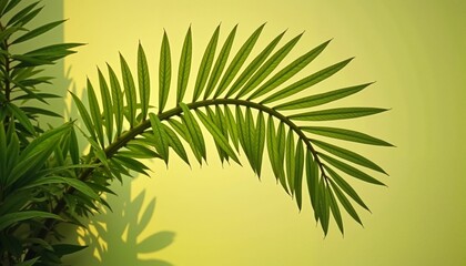 Fototapeta premium Green palm leaf against yellow background