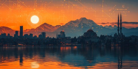 Fototapeta premium Futuristic cityscape at sunset with mountains and digital overlay