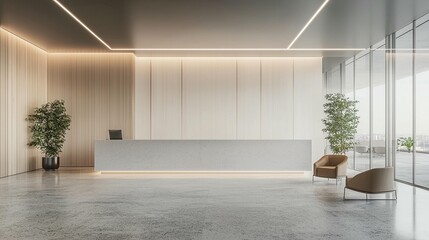 Modern minimalist office reception area with light wood paneling, concrete floor, and comfortable seating near large windows.