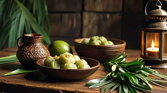 Rustic Wooden Table with Fresh Amla Gooseberries in Wooden Bowls, Traditional Clay Jug, Green Leaves, and Candle Lantern in Warm Ambient Light