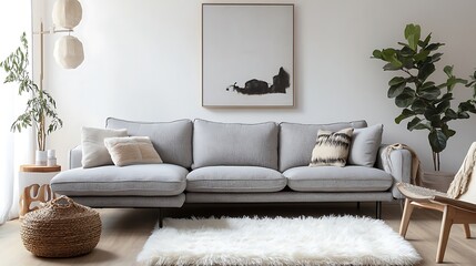 a modern living room interior with a white sofa