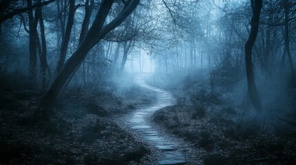 Fototapeta premium A dark, foggy forest with a mysterious winding pathway disappearing into the misty shadows. 