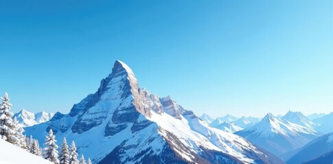 Fototapeta premium Snow-covered mountain peak against a clear blue sky, isolated, peaceful