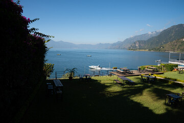Lakeside terrace with picnic tables at Lake Atitlán, Guatemala
