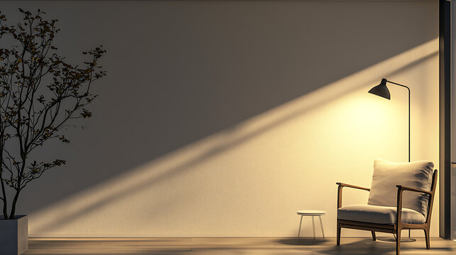 Minimalist Interior with Cozy Armchair and Warm Lighting